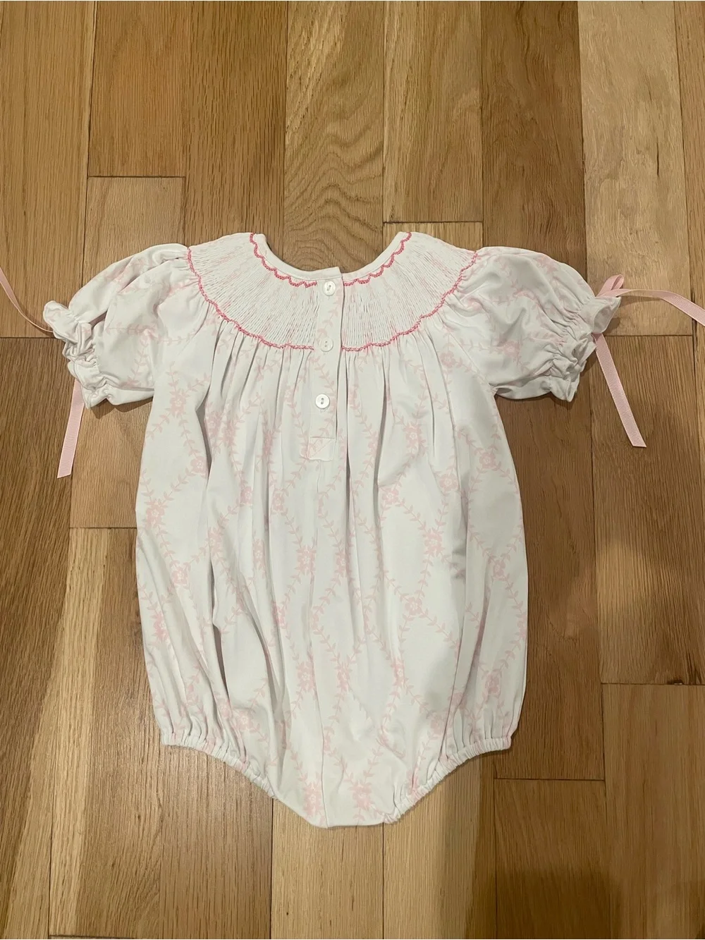 The Smocked Flamingo Classic Bow Floral Trellis Bubble 12 month